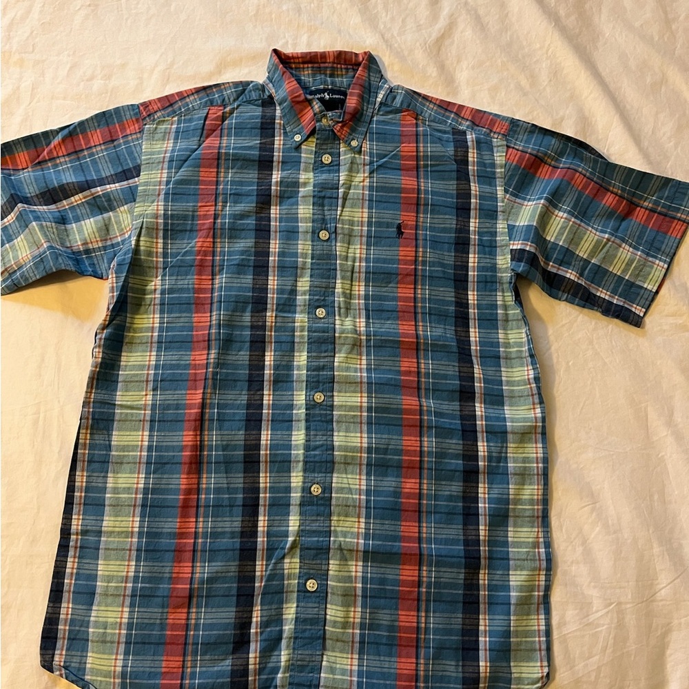 Ralph Lauren Men's Blue and Red Plaid Button Down Shirt